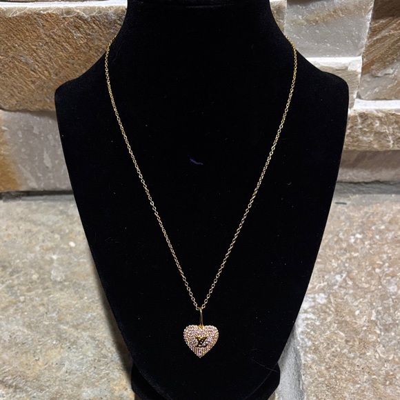 Gold & Crystal LV Heart Pendant Necklace - Picture 1 of 5